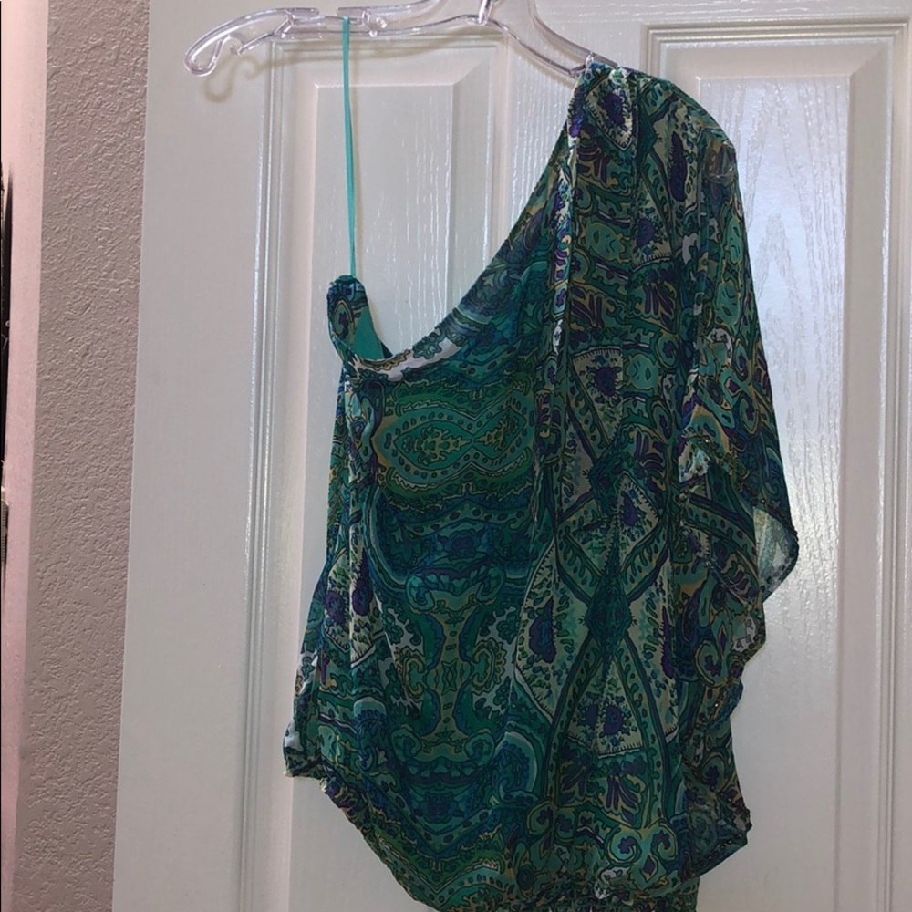 Green and purple paisley one shoulder